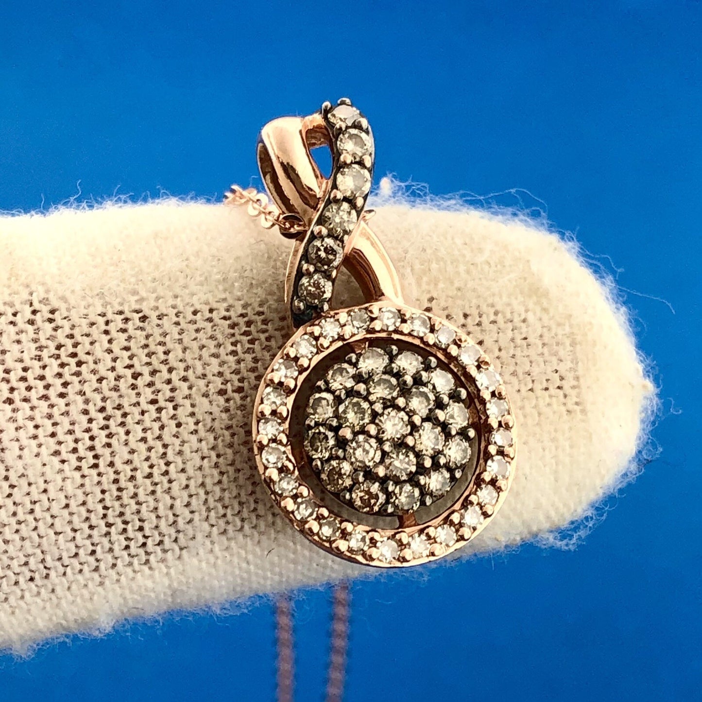 Designer 14K Rose Gold Champagne White Diamond Infinity Eternity Circle Necklace