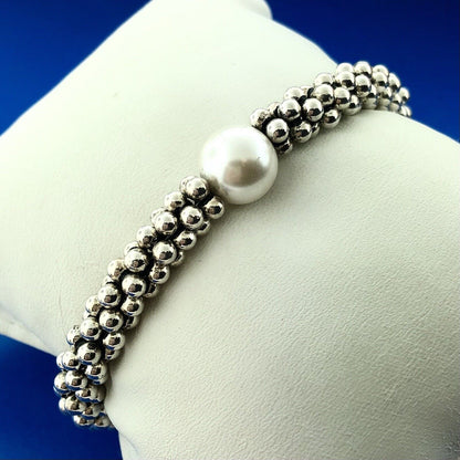 Elegant 925 Sterling Silver Pearl Solitaire Ball Bead Snake Toggle Bracelet