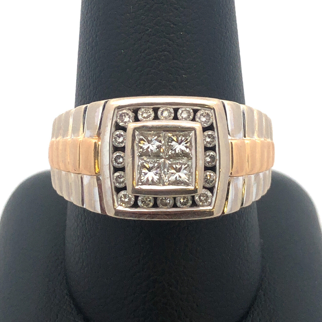 14K White Yellow Gold Princess Diamond Quad Men's Two Toned Ribbed Dome Ring