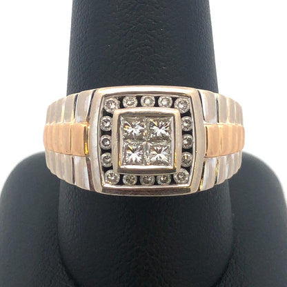 14K White Yellow Gold Princess Diamond Quad Men's Two Toned Ribbed Dome Ring