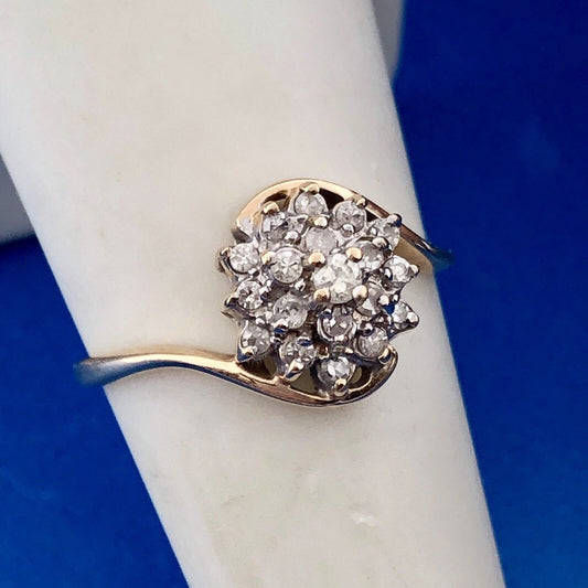 Retro 14K Yellow Gold Diamond Floral Cluster Bypass Engagement Bridal Ring