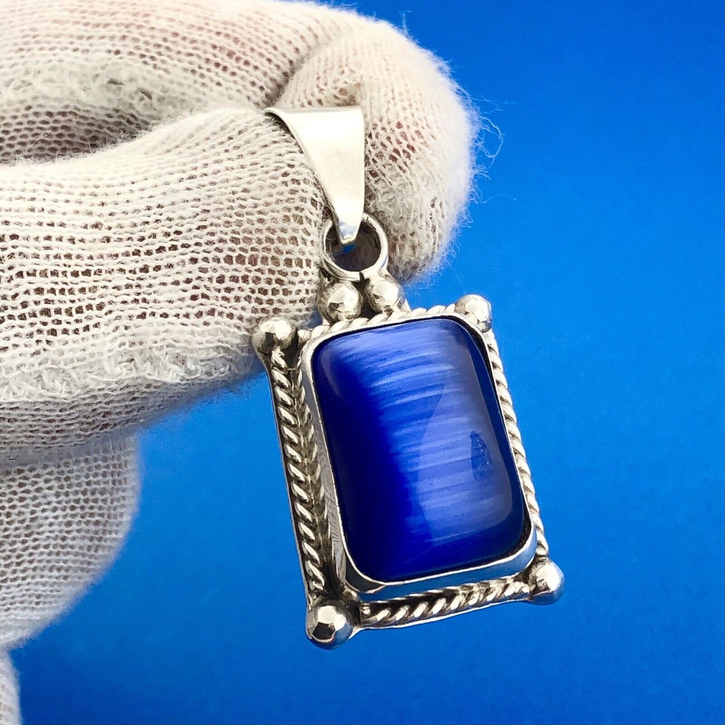 Stunning Taxco Mexican Sterling Silver 925 TA-S3 Glass Rectangle Dangle Pendant