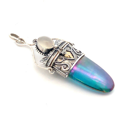 Vintage 925 Sterling Silver Iridescent Crystal Glass Snuff Filigree Box Pendant