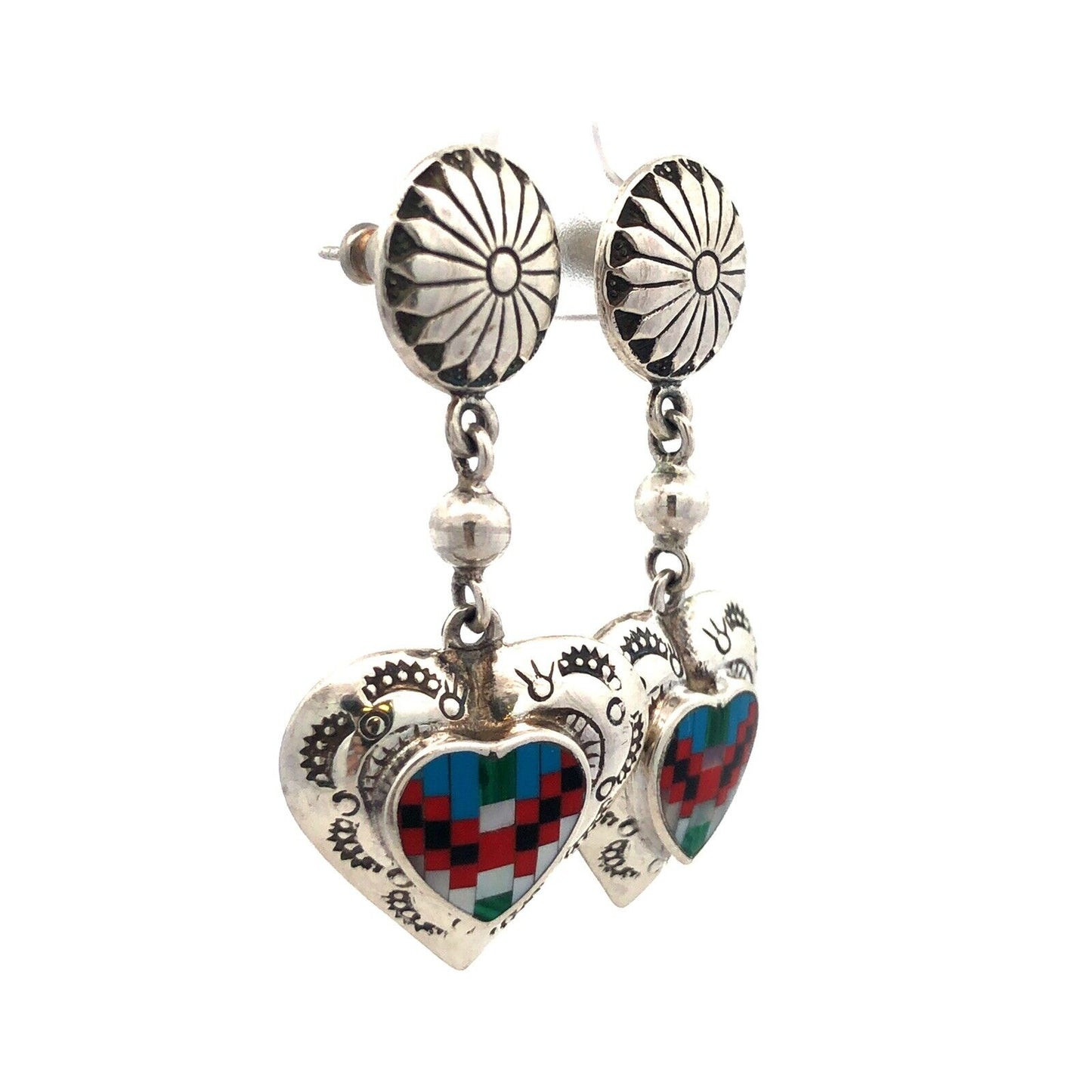 Native American Concho 925 Sterling Silver Multi Gemstone Heart Dangle Earrings