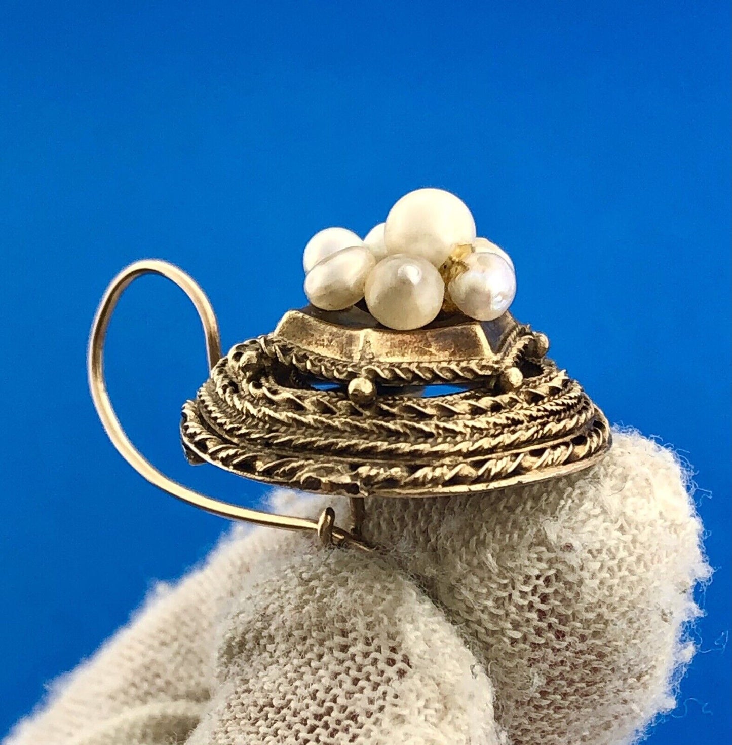 Mid Century 14K Yellow Gold Pearl Cluster Bird Nest Statement Drop Earrings