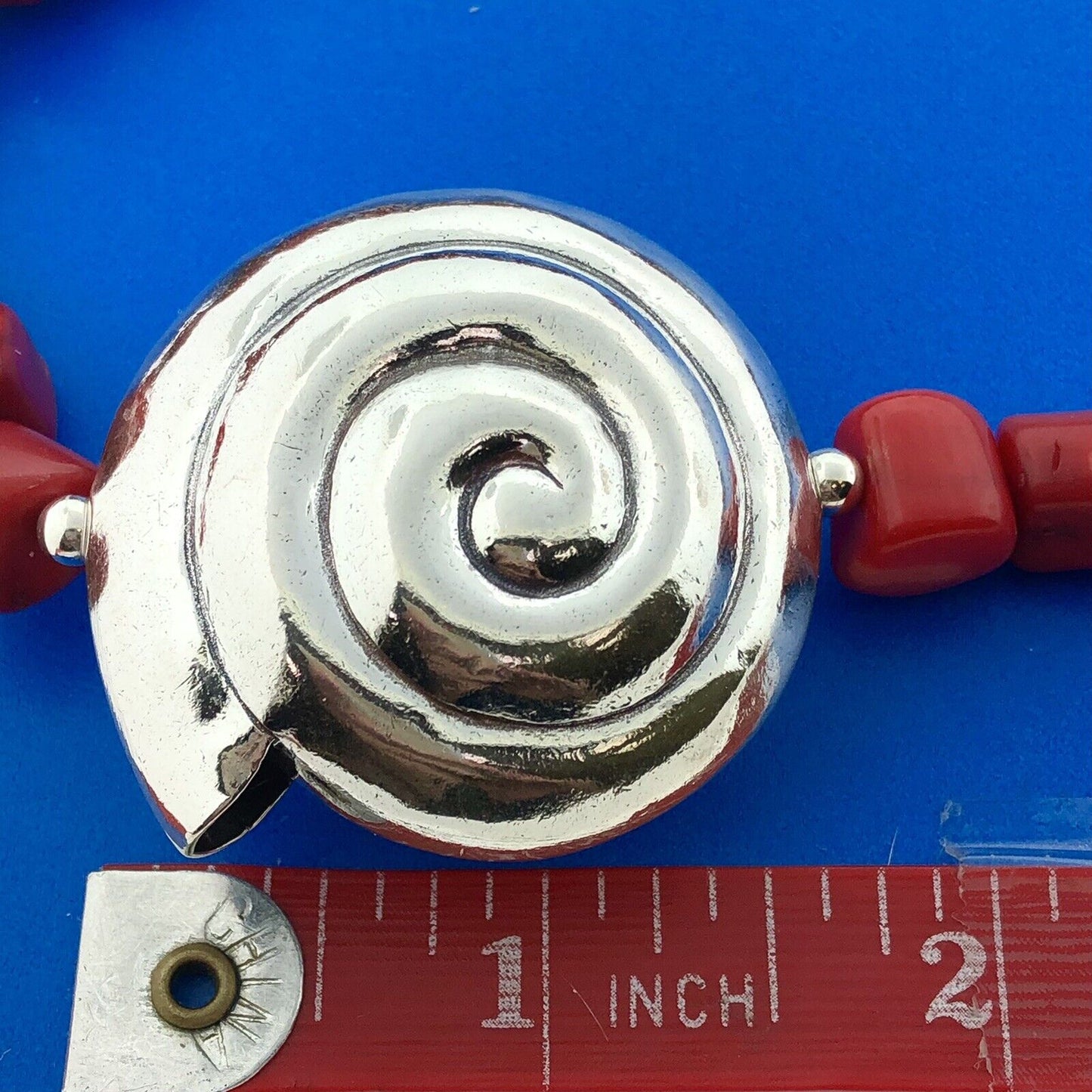 Estate 925 Sterling Silver Chunky Red Coral Snail Pendant Statement Necklace