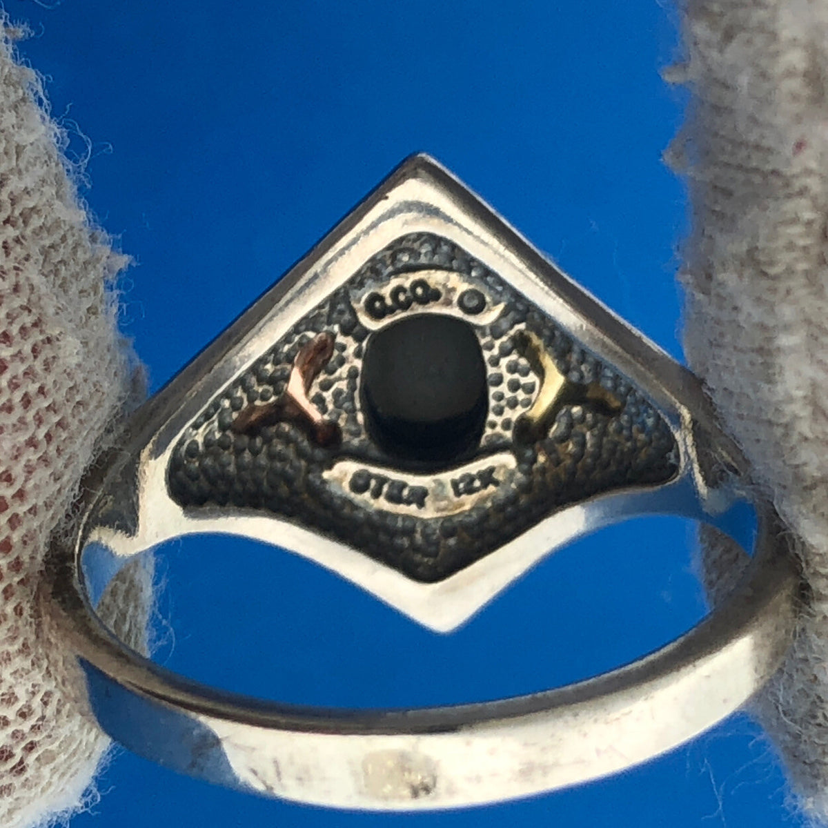 Sterling Silver CCO Coleman Black Onyx Ring with 12k Rose & Yellow Leaf Design