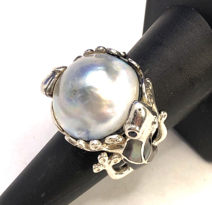 Designer GSJ 925 Sterling Silver Mother of Pearl Black Onyx Gecko Statement Ring