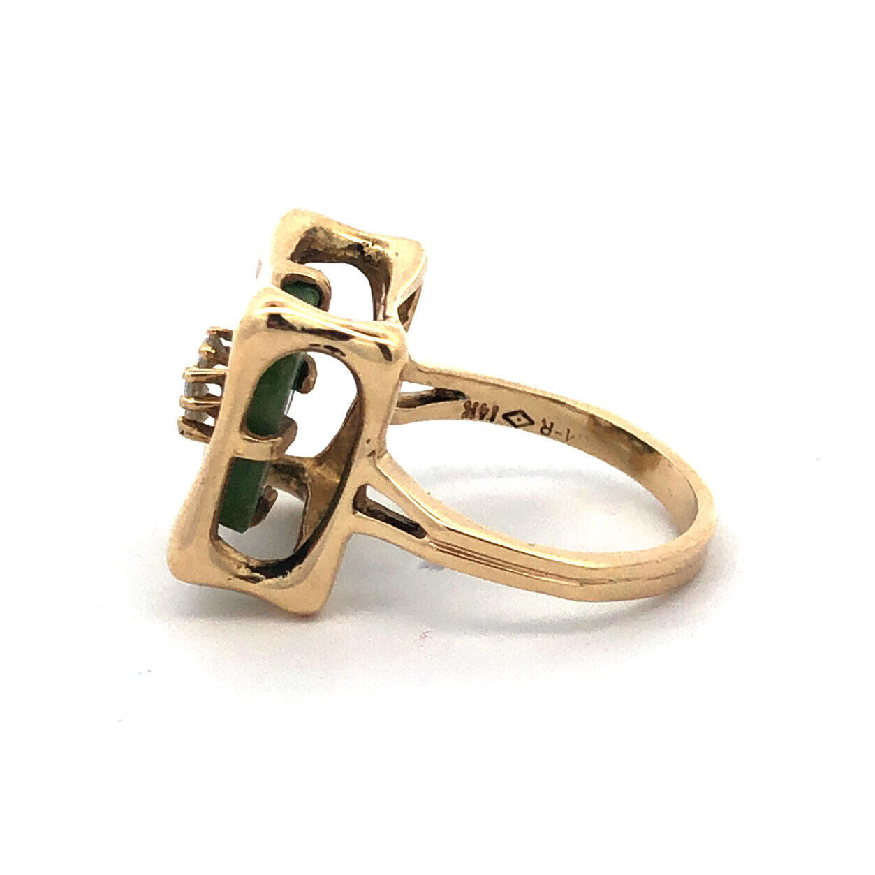 Designer 14K Yellow Gold Green Square Jade Diamond Modernist Statement Ring