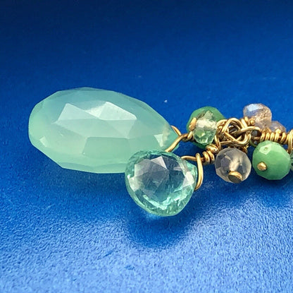 India Sterling Silver Vermeil Green Blue Opalescent Beads Drop Dangle Earrings