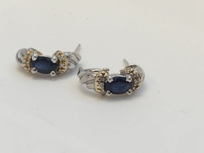 Stunning 14K White Yellow Gold Oval Sapphire Diamond Half Hoop Earrings