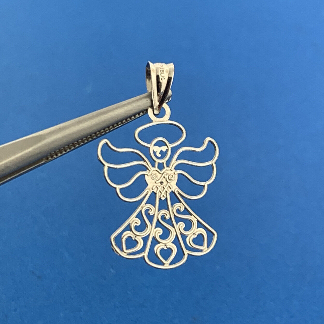 Michael Anthony MA 14K White Gold Diamond Heart Scroll Guardian Angel Pendant
