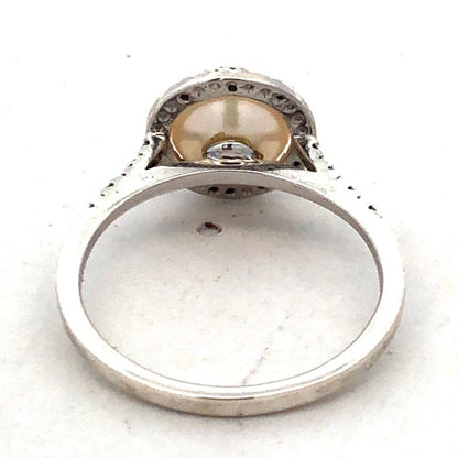 Designer 925 Sterling Silver Round Pearl Diamond Halo June Anniversary Ring