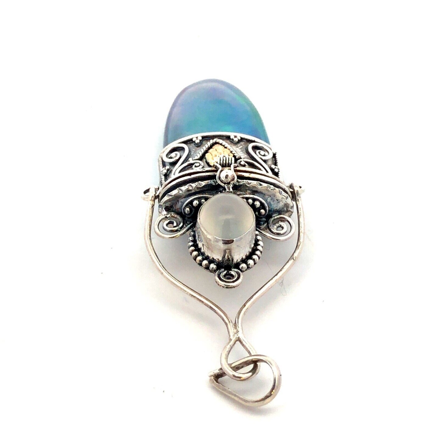 Vintage 925 Sterling Silver Iridescent Crystal Glass Snuff Filigree Box Pendant