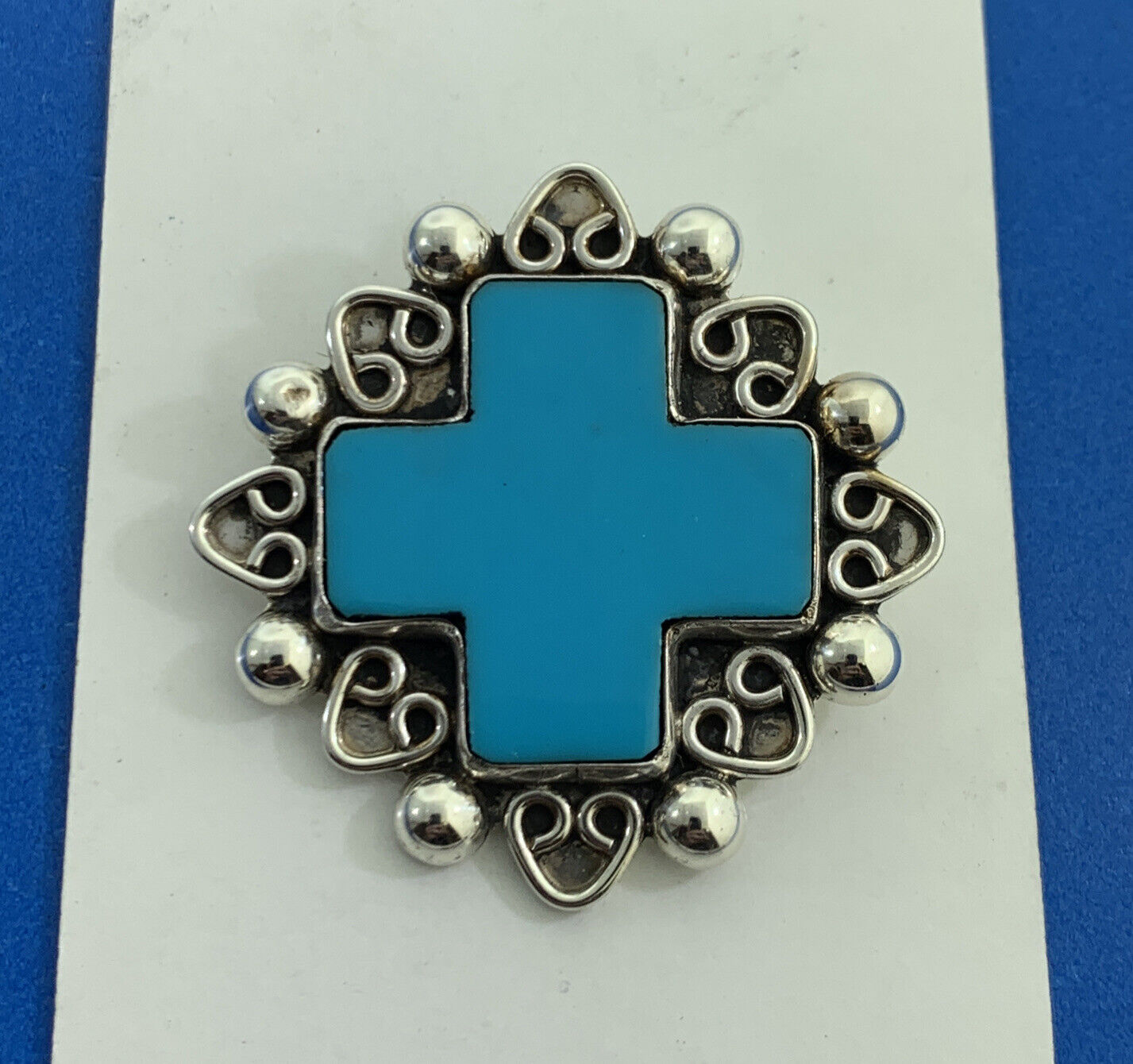 Taxco Mexico 925 Sterling Silver Turquoise Cross Statement Pendant
