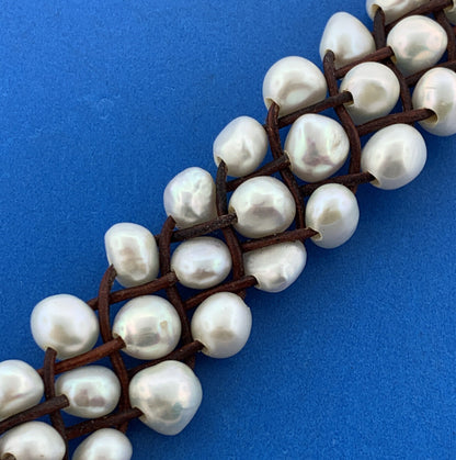 Artisan Braided Leather Three Strand Baroque Pearl Waterfall Toggle Bracelet