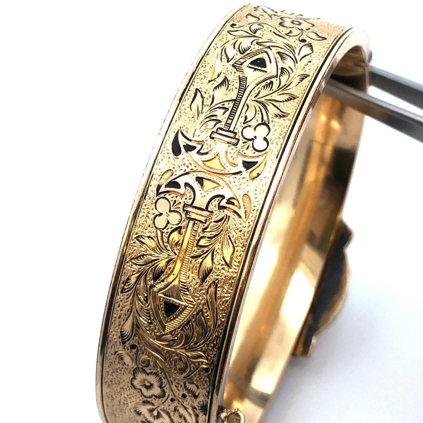 Victorian CLAP 14K Gold Filled Seed Pearl Taille D'Epargne Hinged Cuff Bracelet