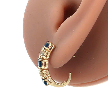 Designer 14K Yellow Gold Round Blue White Sapphire Half Hoop Drop Stud Earrings
