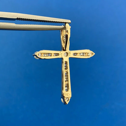 Designer 14K Yellow Gold Round And Baguette Diamond Cross Pendant