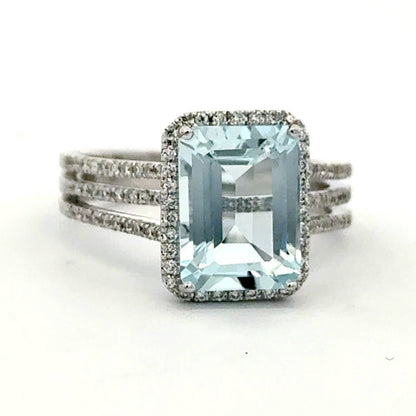 14K White Gold Solitaire Aquamarine Diamond Halo Accented March Anniversary Ring