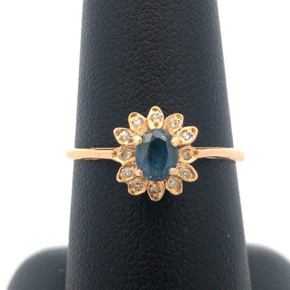 Vintage 14K Yellow Gold Sapphire Diamond Halo Promise December Cocktail Ring