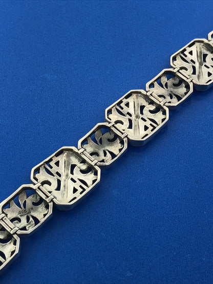 Art Deco Style 925 Sterling Silver Black Onyx Marcasite Scroll Panel Bracelet