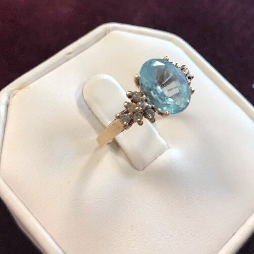 Vintage 10K Yellow Gold Blue Topaz Waterfall Diamond Engagement Anniversary Ring