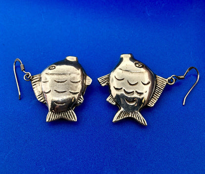 Retro Sterling Silver 925 Puffy Goldfish Blowfish Nemo Drop Dangle Earrings
