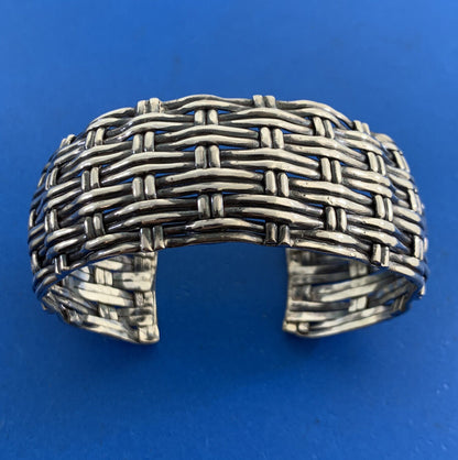 Artisan 925 Sterling Silver Basket Weave Statement Open Cuff Bracelet