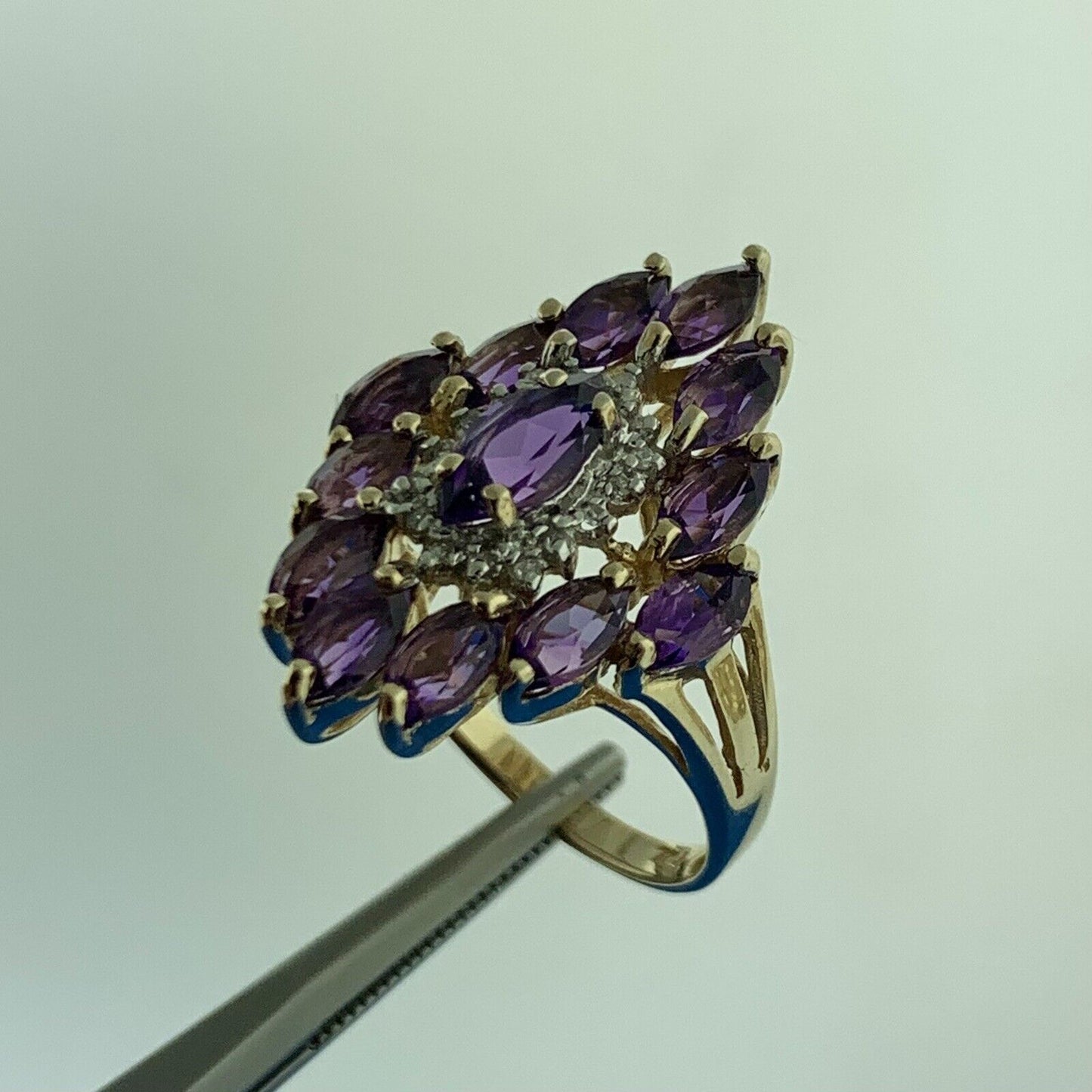 Gorgeous 10k Yellow Gold Marquise Purple Amethyst Diamond Accent Cluster Ring