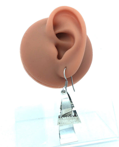 Taxco 925 Sterling Silver Hammered Polished Modernist Triangle Dangle Earrings