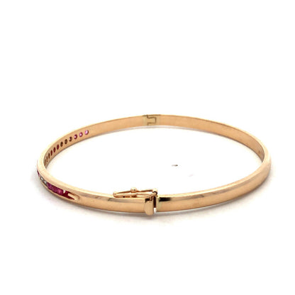 Designer 14K Yellow Gold Channel Set Round Ruby Diamond Hinged Bangle Bracelet