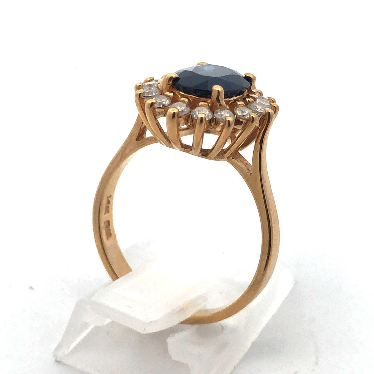 Designer 14K Yellow Gold Oval Blue Sapphire Diamond Halo Statement Cocktail Ring