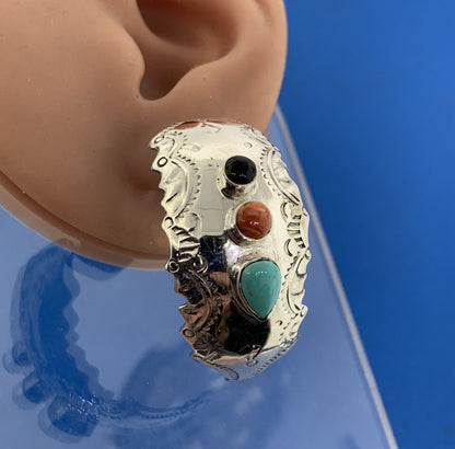 Designer 925 Sterling Silver Turquoise Coral Onyx Cocho Style Half Hoop Earrings