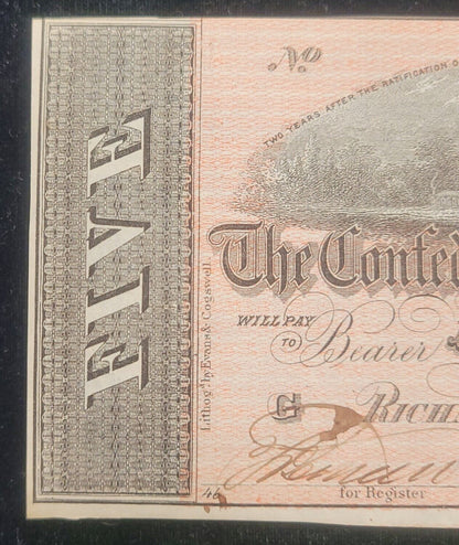 1864 $5 Richmond, VA Confederate States of America Rare Obsolete Bank Note
