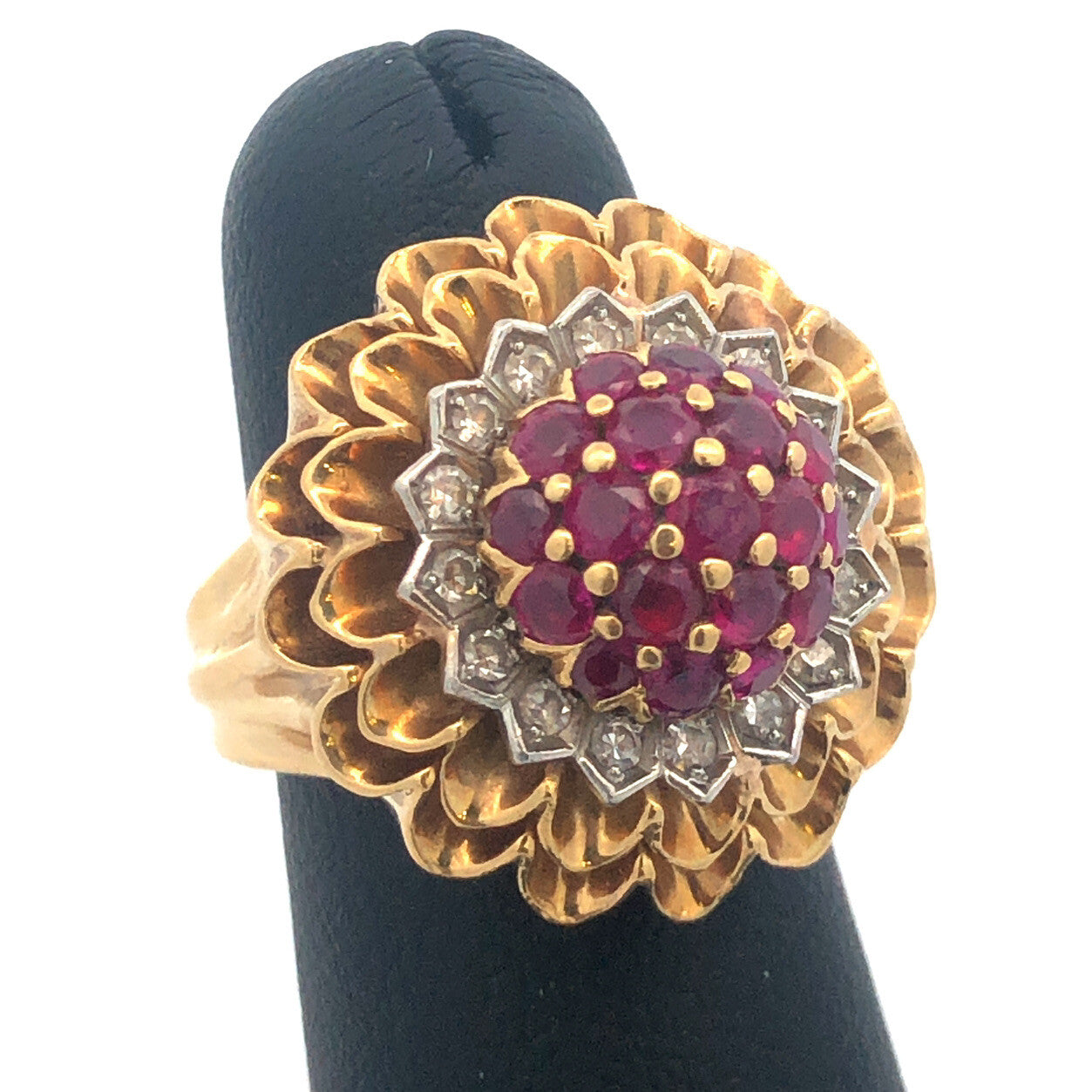 Vintage Artisan 18 Yellow Gold Ruby Diamond Cluster Dome Statement Cocktail Ring