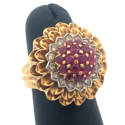 Vintage Artisan 18 Yellow Gold Ruby Diamond Cluster Dome Statement Cocktail Ring