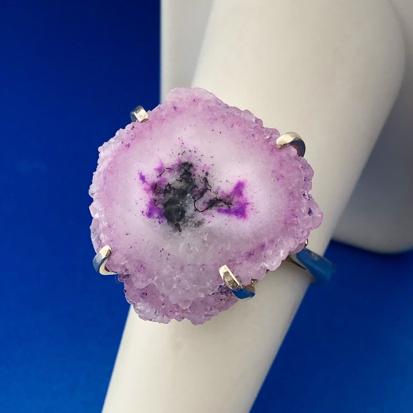 Retro 925 Sterling Silver Purple Fuschia Pink White Druzy Quartz Statement Ring