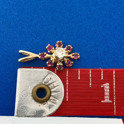 Vintage 14K Yellow Gold Ruby Diamond Floral Starburst July Anniversary Pendant
