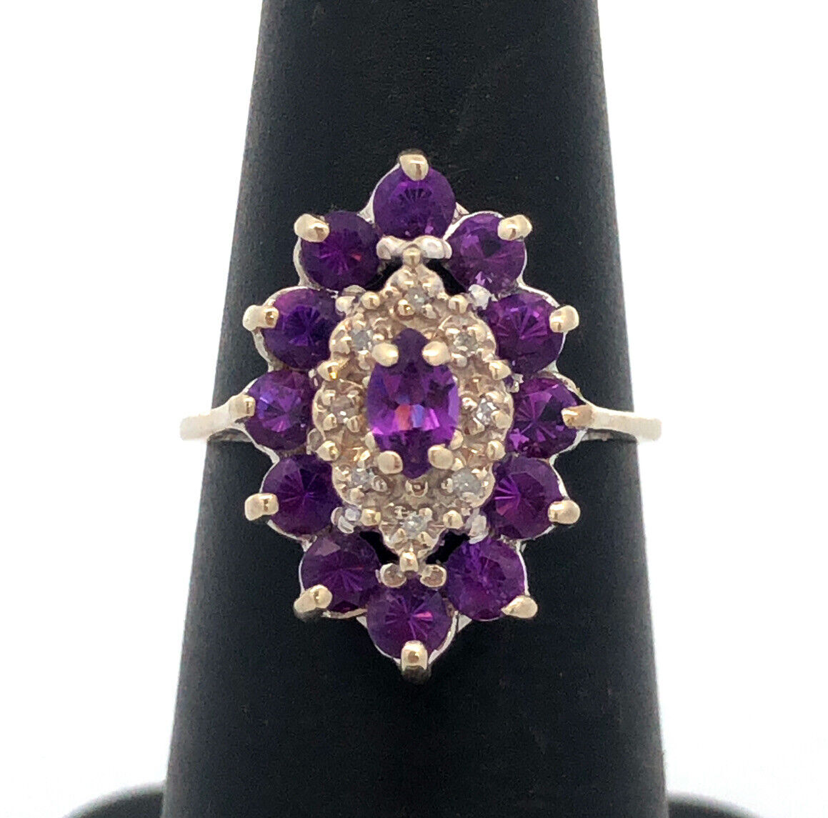 Estate 10K White Gold Amethyst Diamond Accented Statement Cocktail Ring