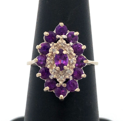 Estate 10K White Gold Amethyst Diamond Accented Statement Cocktail Ring