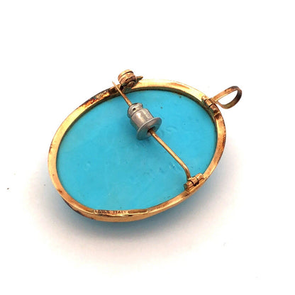 Designer Vintage 14K Yellow Gold Oval Blue Carved Cameo Brooch Pendant