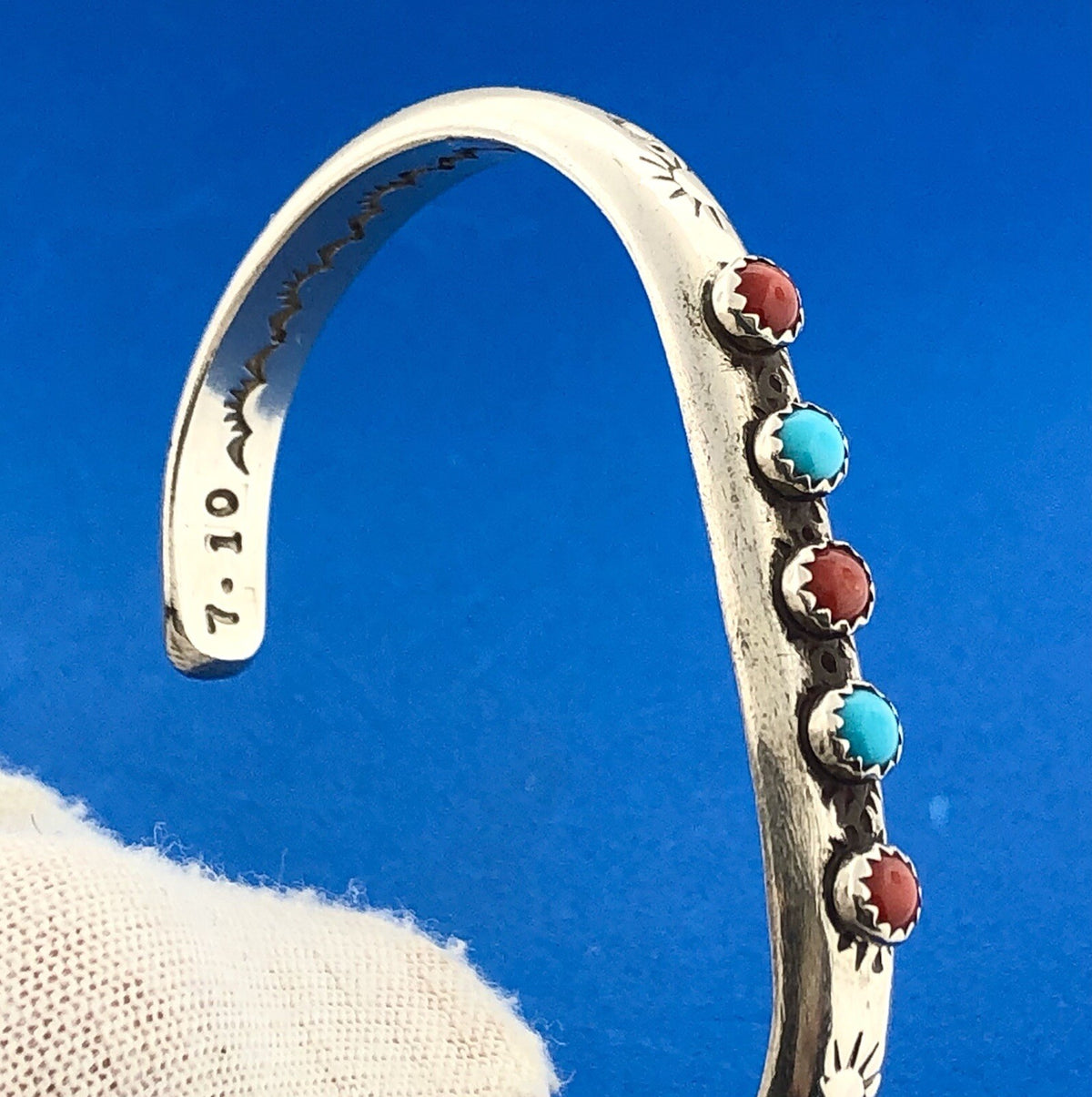 LAG-ZUNI JP Artisan Sterling Turquoise Coral Petite Storyteller Cuff Bracelet