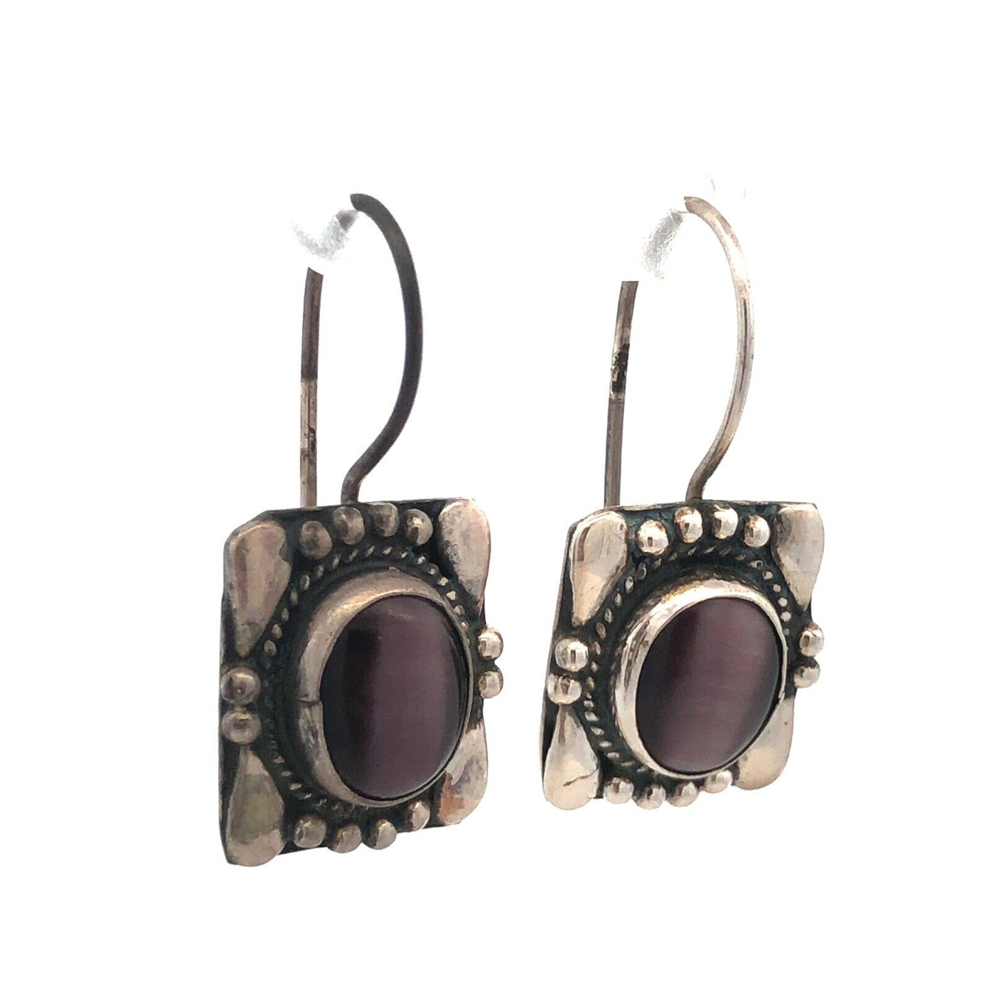 Designer Sterling Silver Oval Purple Cat Eye Cabochon Rectangle Hook Earrings