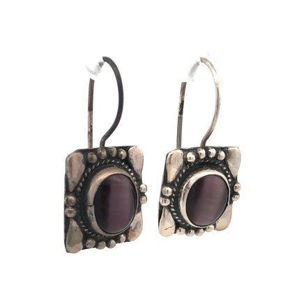 Designer Sterling Silver Oval Purple Cat Eye Cabochon Rectangle Hook Earrings