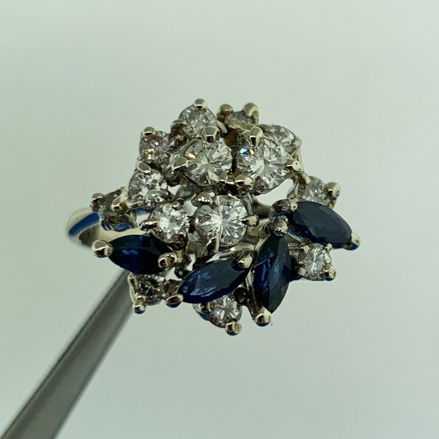 14K White Gold Diamond Sapphire Cluster Statement Anniversary Cocktail Ring