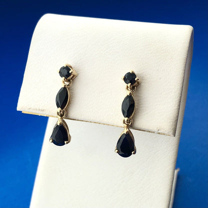 Estate 14K Yellow Gold Blue Sapphire November Anniversary Drop Dangle Earrings