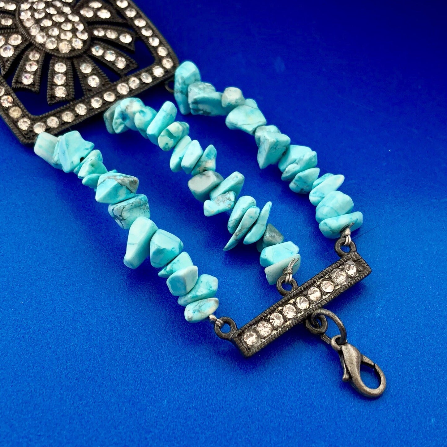 Dark Tone Metal Faux Turquoise Rhinestone Glass Three Strand Statement Bracelet