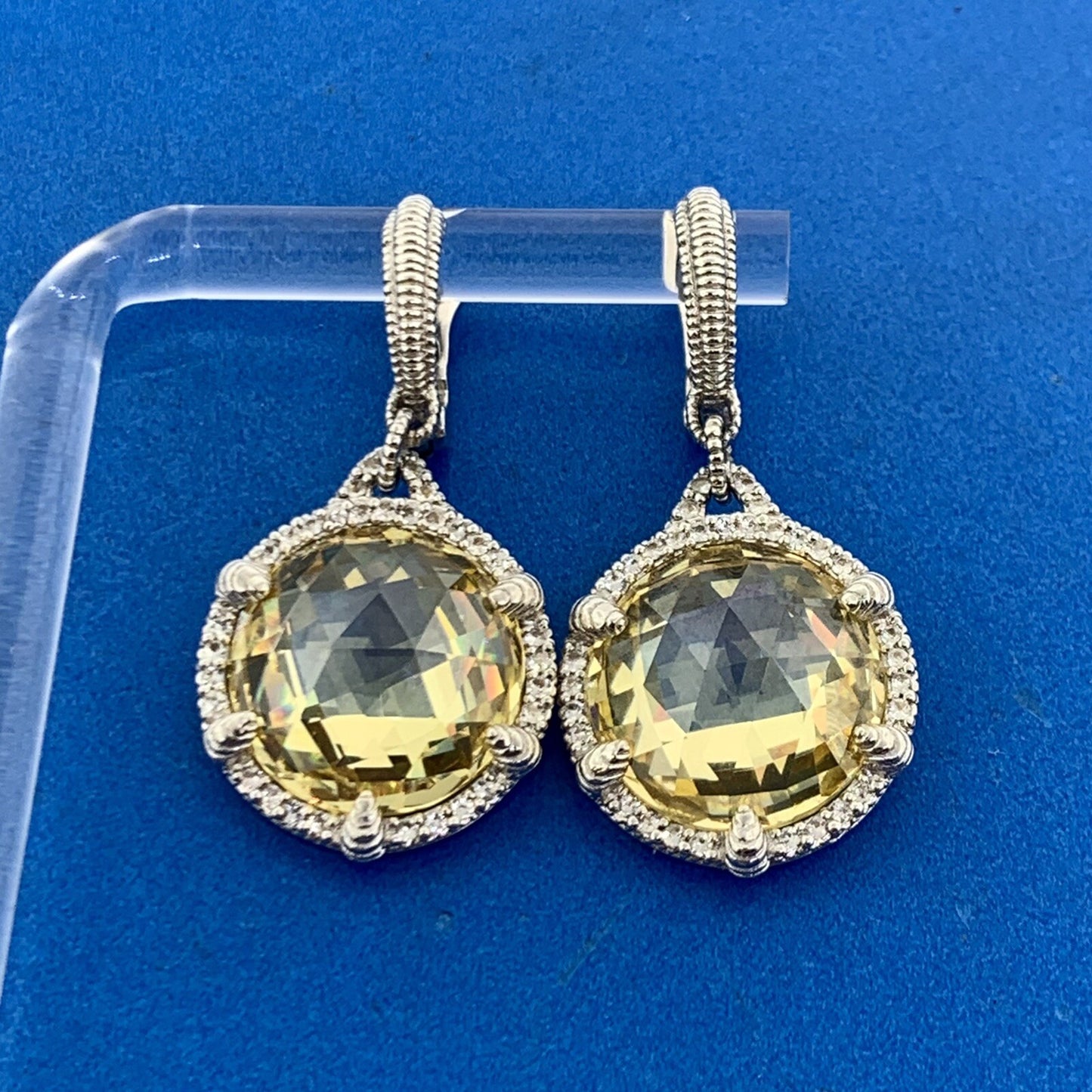 Judith Ripka 925 Sterling Silver 18K Gold Lemon Quartz Diamond Dangle Earrings
