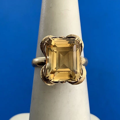 Vintage 14K Yellow Gold Emerald Cut Citrine Solitaire Cocktail Ring